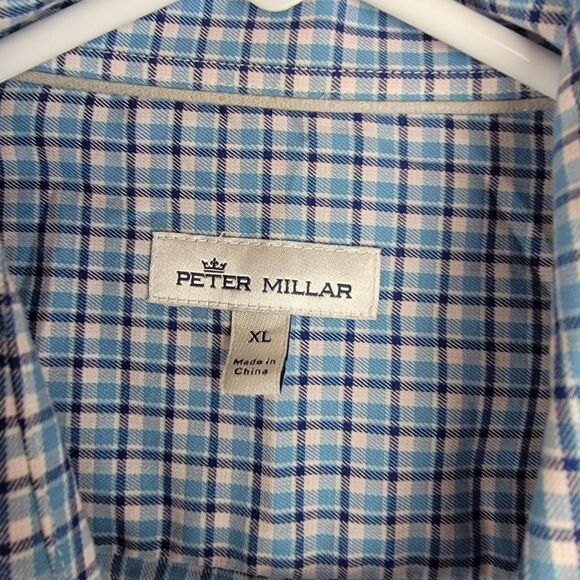 Peter Millar Mens Size XL Blue Checkered Cotton Blend Long Sleeve Button Down Sh - Picture 3 of 7